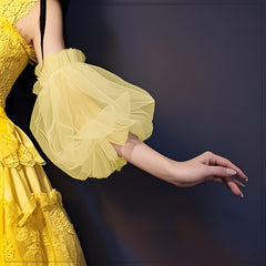 Light Tulle Wedding Dress with Puff Sleeves and Floral Embellishments