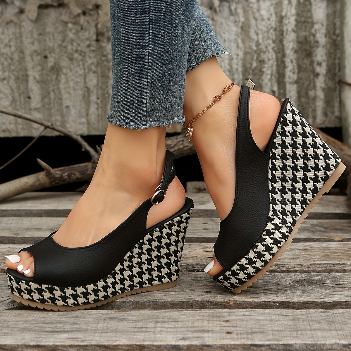 Women's Houndstooth Platform Wedge Sandals Peep Toe Buckle Strap Slingback Heels