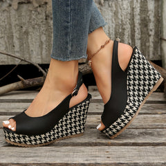 Women's Houndstooth Platform Wedge Sandals Peep Toe Buckle Strap Slingback Heels