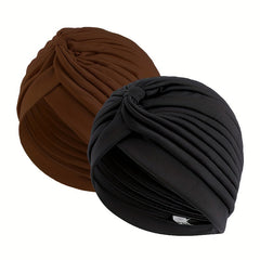 2pcs Solid Turban Cap Pleated Head Wrap Chemo Hats
