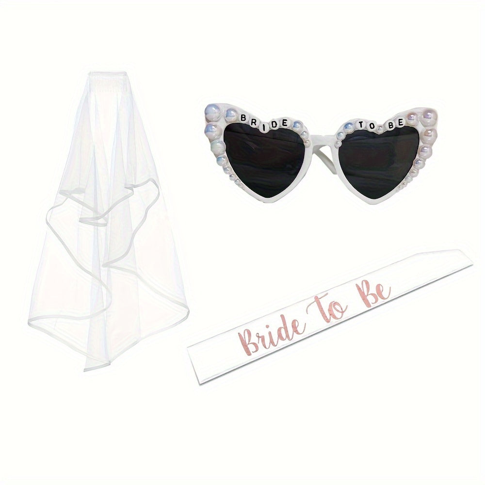 3pcs Bride to Be Glasses Sash and Veil Wedding Bridal Bachelorette Party