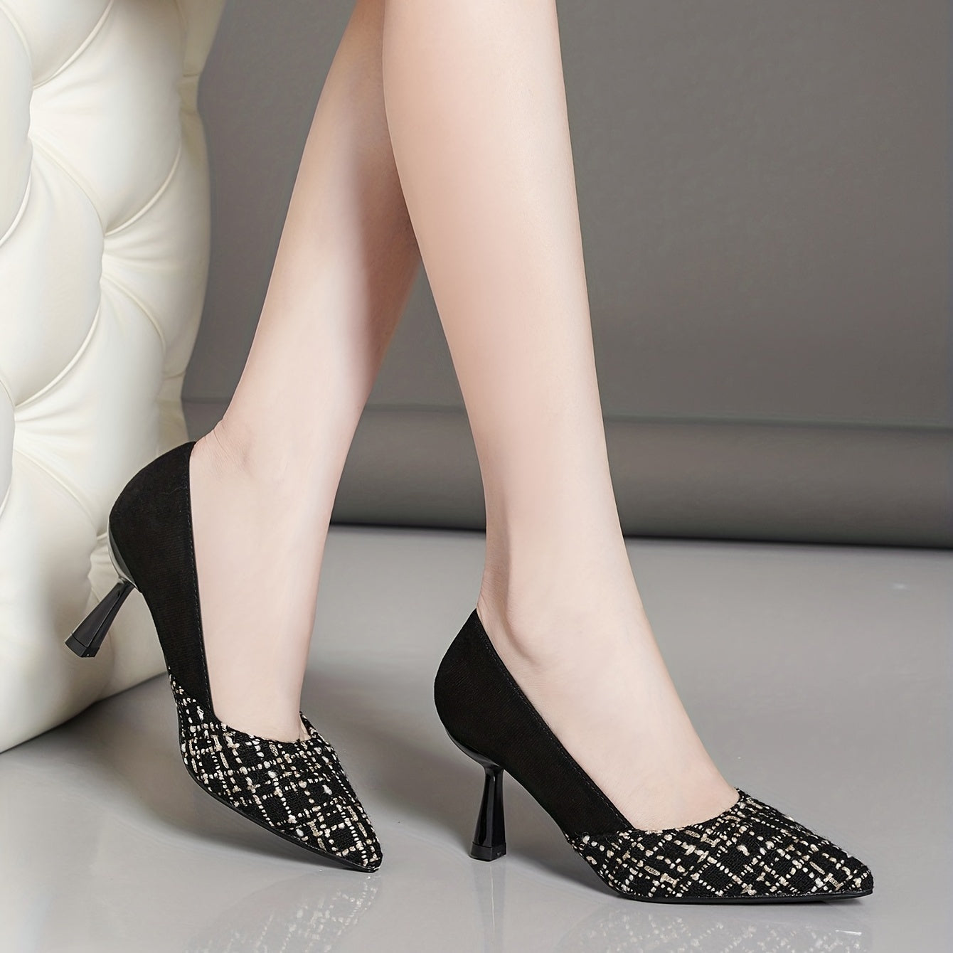 Plaid Stiletto Heels Faux Leather Pointed Toe Pumps