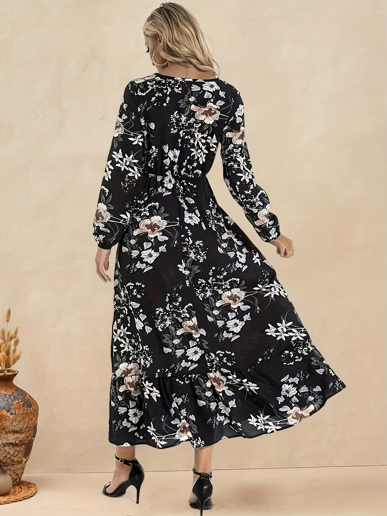  Boho Dress Floral Print Lantern Sleeve Ruffle Trim Maxi Dress