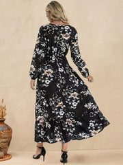  Boho Dress Floral Print Lantern Sleeve Ruffle Trim Maxi Dress