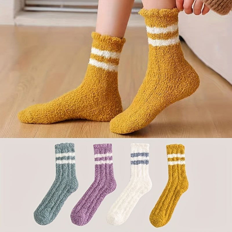 4 Pairs Striped Floor Socks, Soft & Warm Women's Stockings
