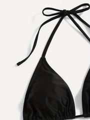  Backless Halter Bikini Set Solid Bra & Tie Side Panty Swimsuit