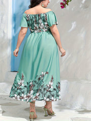 Women's Plus Floral Maxi Dress Off Shoulder With Belt