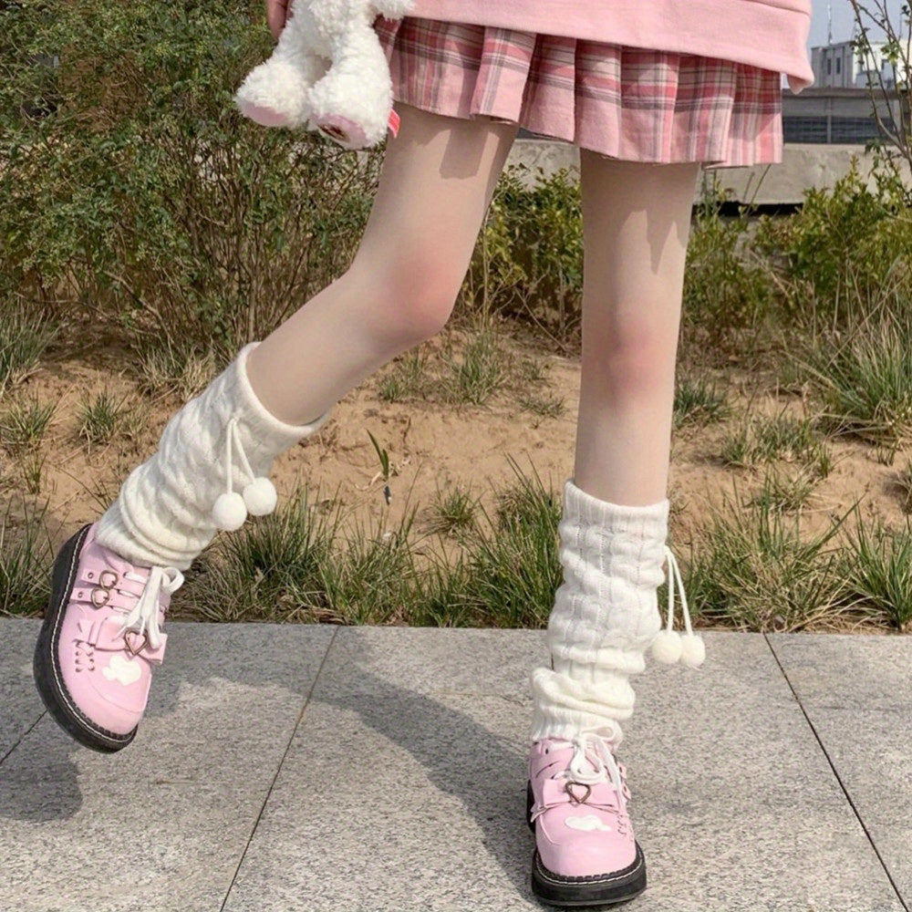 Rib Knit Leg Warmers Pompom Knee High Socks Women's Stockings