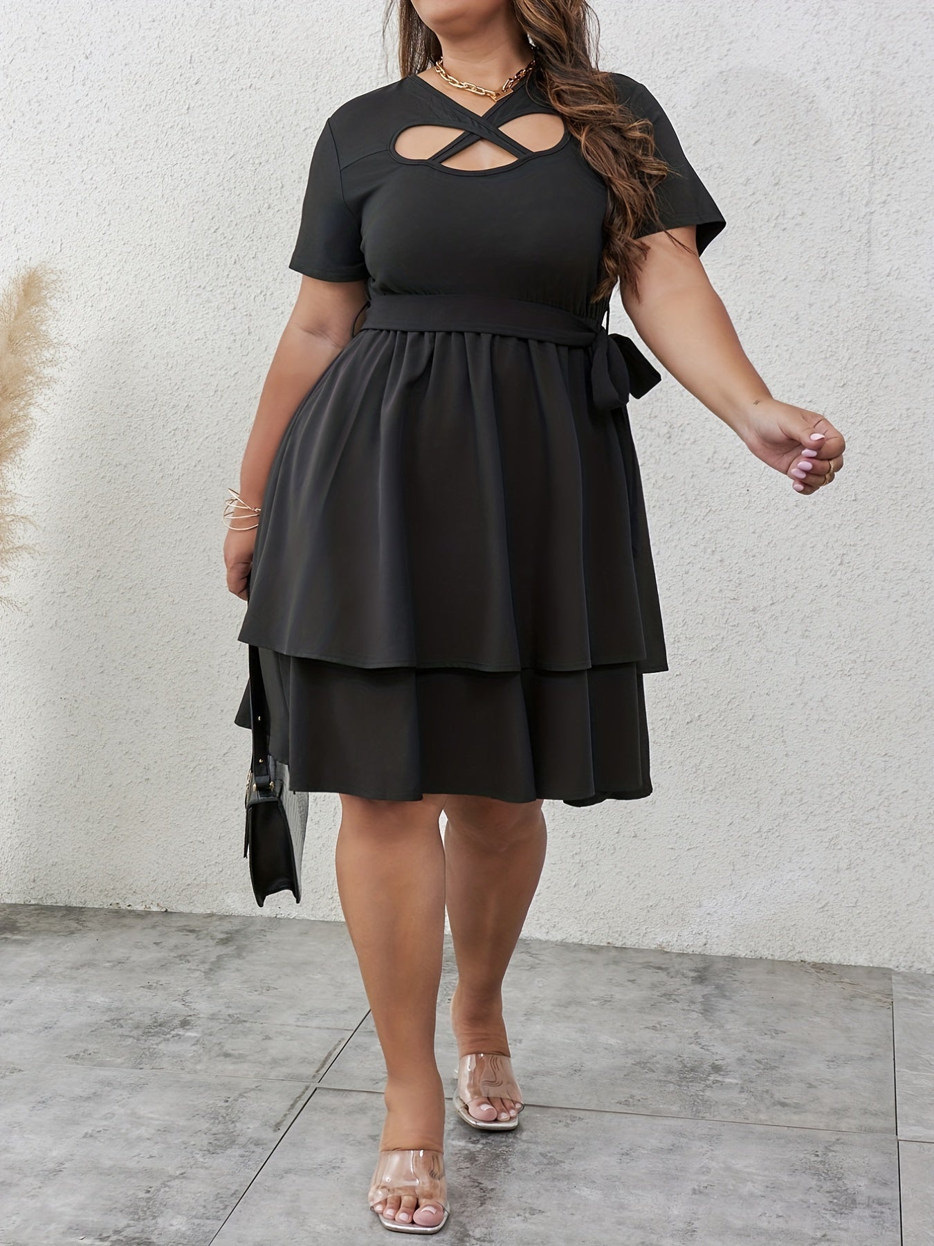  Sexy Dress Women's Plus Cross Front Cut Out Layered Dress
