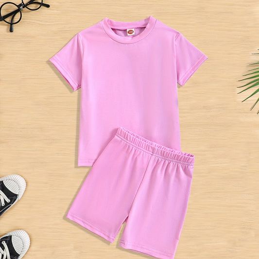 Girls 2pcs T shirt & Elastic Waist Shorts Set Solid Comfy Short Sleeve