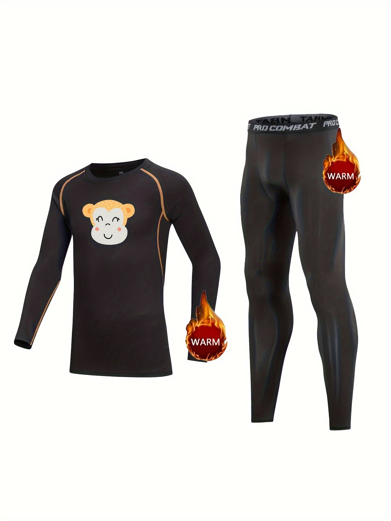 2pcs Kids Compression Fleece Sets - Monkey Pattern Crew Neck Pullover