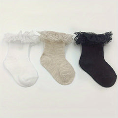3 Pairs Baby Toddler Lace Ruffled Socks For Autumn Winter