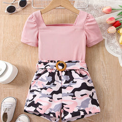 Girls Square Neck Top & Camouflage Shorts Set Kids Summer Clothes
