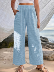  Solid Textured Wide Leg Trousers With Pockets