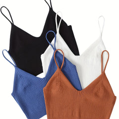 Ribbed Solid Cami Top 4 Pack Sexy V Neck Sleeveless Women's Clothing