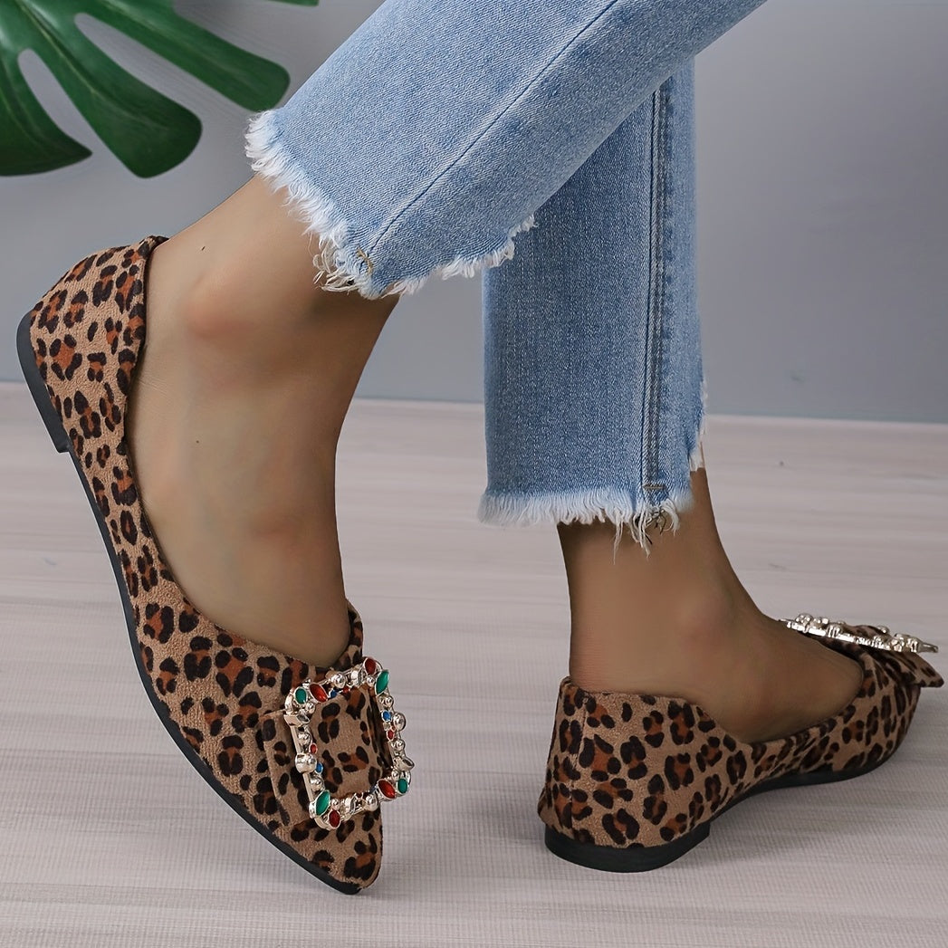 Women's Rhinestone Point Toe Slip On Leopard Print Flats