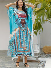  Boho Cover Up Women's Plus Ethnic Print Batwing Sleeve Round Neck
