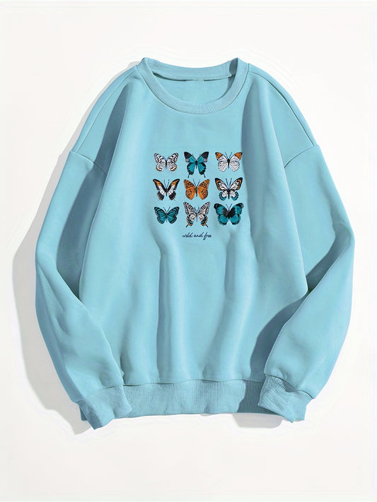 Butterfly Print Pullover Sweatshirt Long Sleeve Crew Neck for Fall & Winter