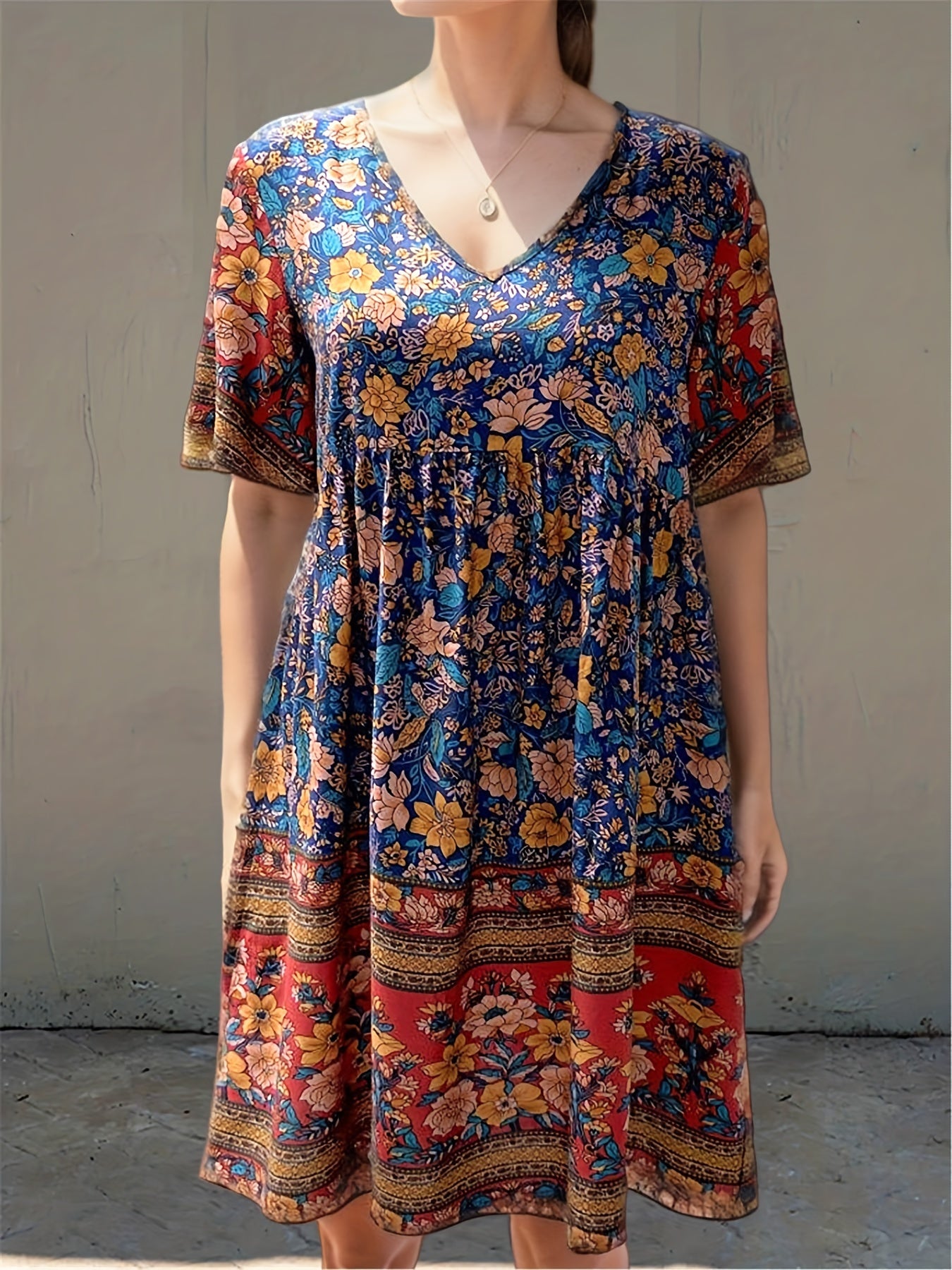 Floral Print V Neck Short Sleeve Dress for Summer