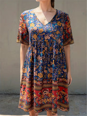 Floral Print V Neck Short Sleeve Dress for Summer