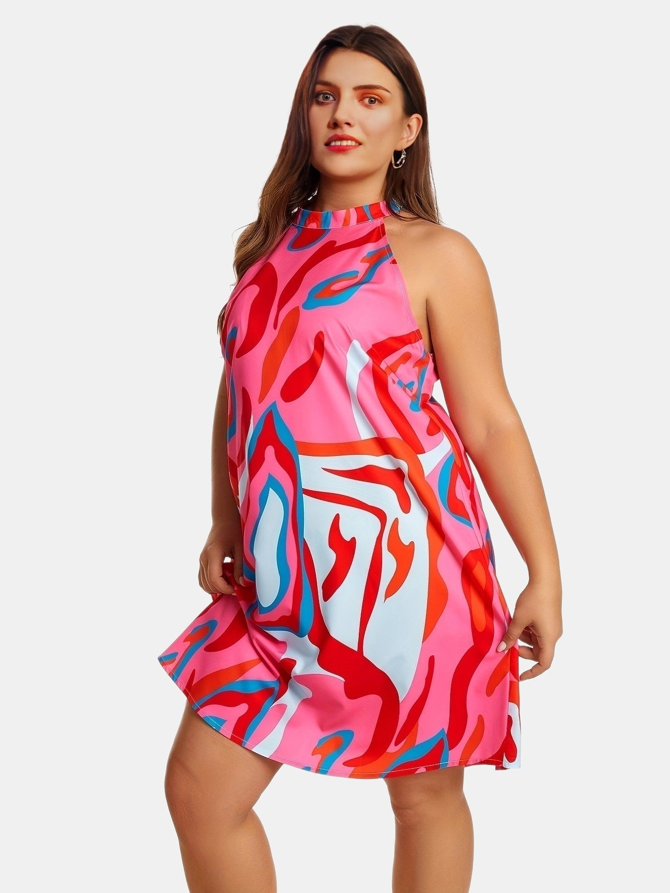  Casual Dress Women's Plus Random Print Halter Neck Keyhole Back Dress