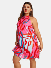  Casual Dress Women's Plus Random Print Halter Neck Keyhole Back Dress