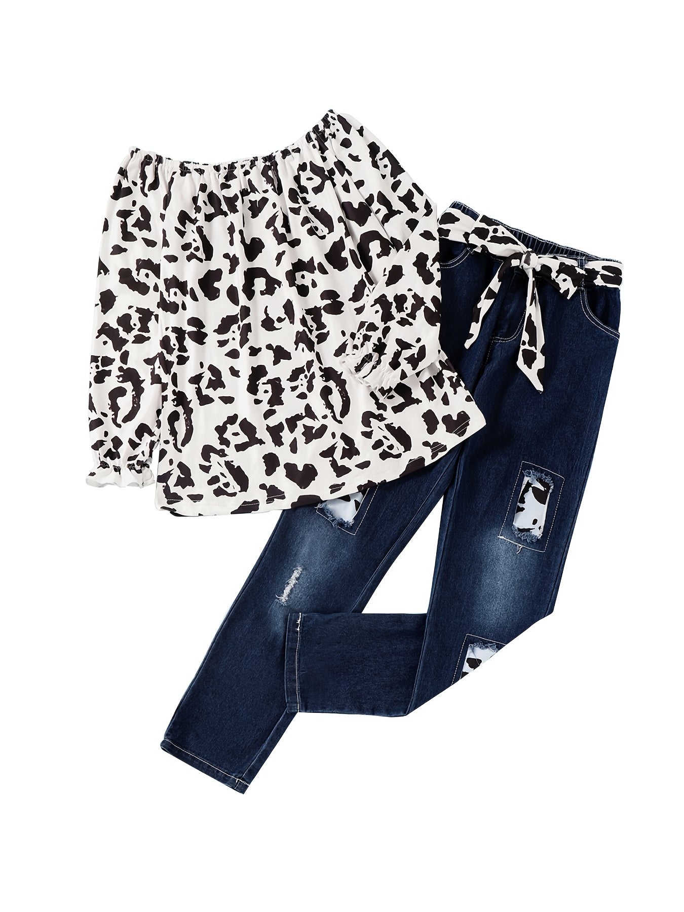 Girls Leopard Off The Shoulder Top & Ripped Jeans Set