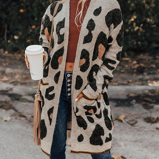  Leopard Print Open Front Cardigan with Pockets