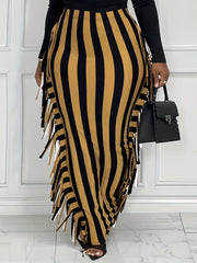  Stripe Print Tassel Trim Bodycon Skirt