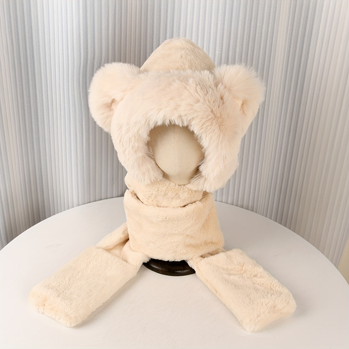 Women's Plush Bear Head Hat Scarf Gloves Set for Winter