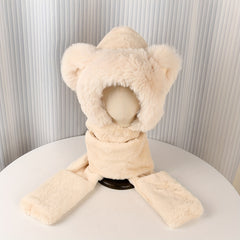 Women's Plush Bear Head Hat Scarf Gloves Set for Winter