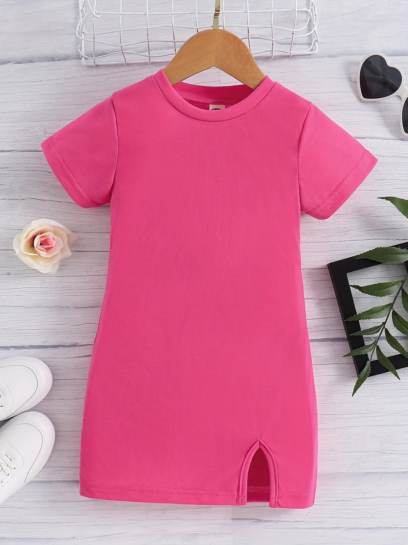 Girl's Crew Neck Short Sleeve Side Slit Casual Dress