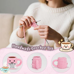 Crocheted Tea Cup Doll Decor with Positive Energy Font DIY Accessory Gift