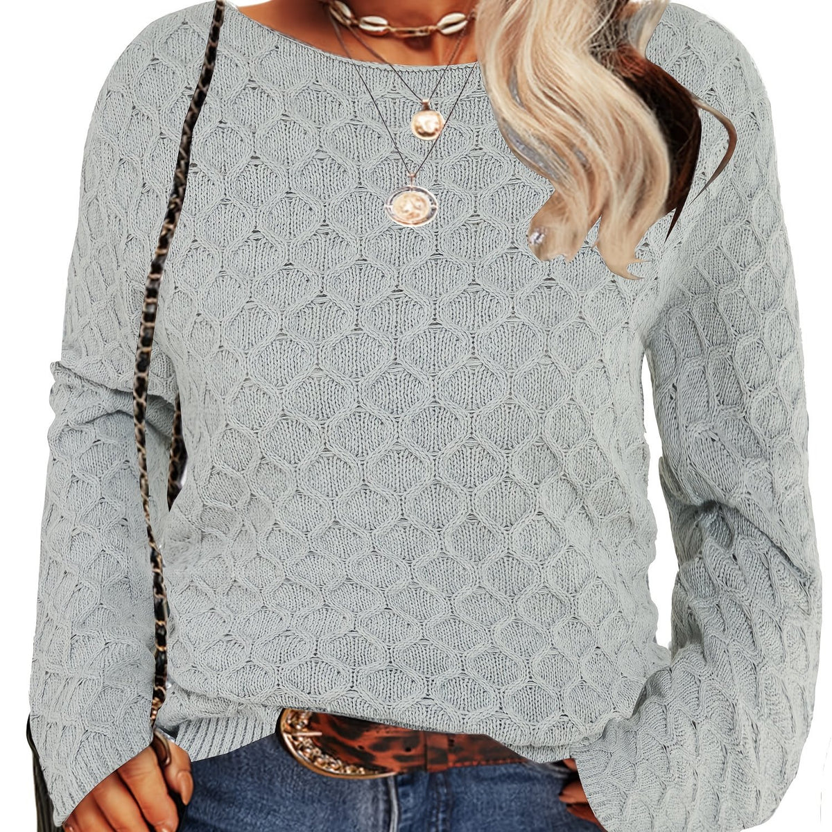  Women's Casual Sweater Solid Jacquard Long Sleeve Round Neck Jumper