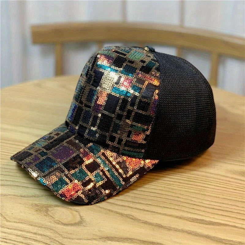 Plaid Sequins Baseball Cap Y2K Hip Hop Mesh Trucker Hat Unisex