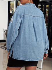  Casual Denim Top Women's Plus Solid Button Up Long Sleeve