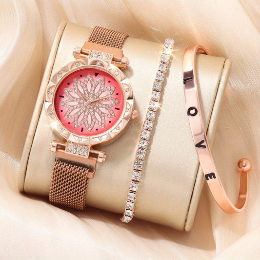 Digital Rhinestone Watch & 2 Bracelets Set