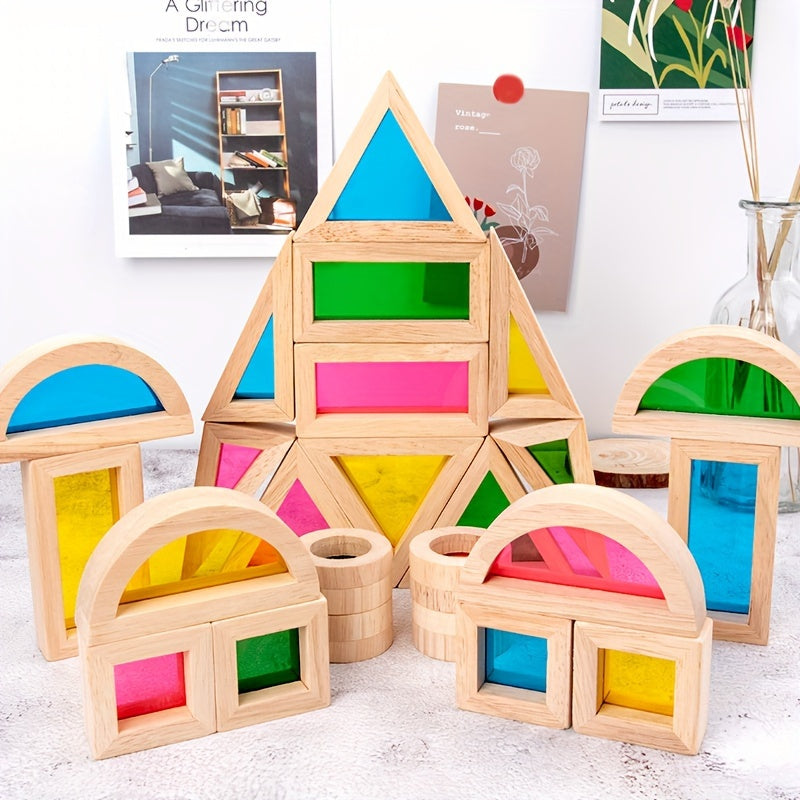 Colorful Educational Wooden Rainbow Building Blocks Sturdy Triangular