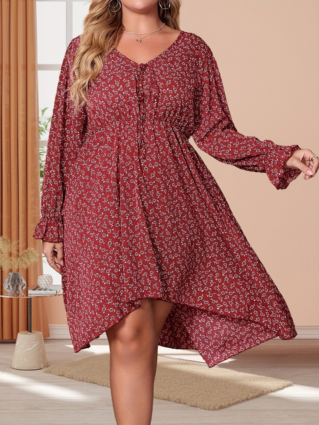  Boho Dress Women's Plus Floral Ruffle Trim Tie Front Summer Dress