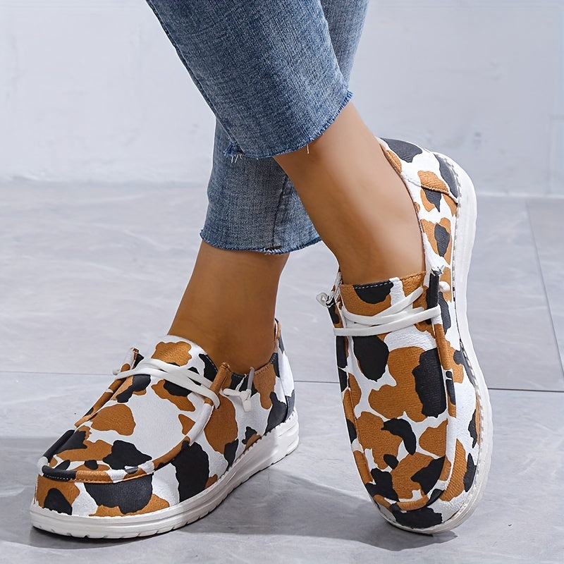 Cow Printed Flat Loafers Round Toe Lace Up Walking Sneakers