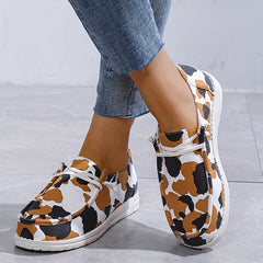 Cow Printed Flat Loafers Round Toe Lace Up Walking Sneakers