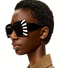 Oversized Square Frame Sunglasses Block Striped Glasses Wide Temple UV400
