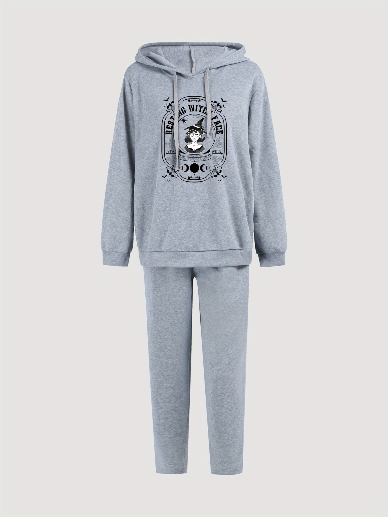  Cartoon Witch Print Hooded Sweatshirt & Sweatpants Set