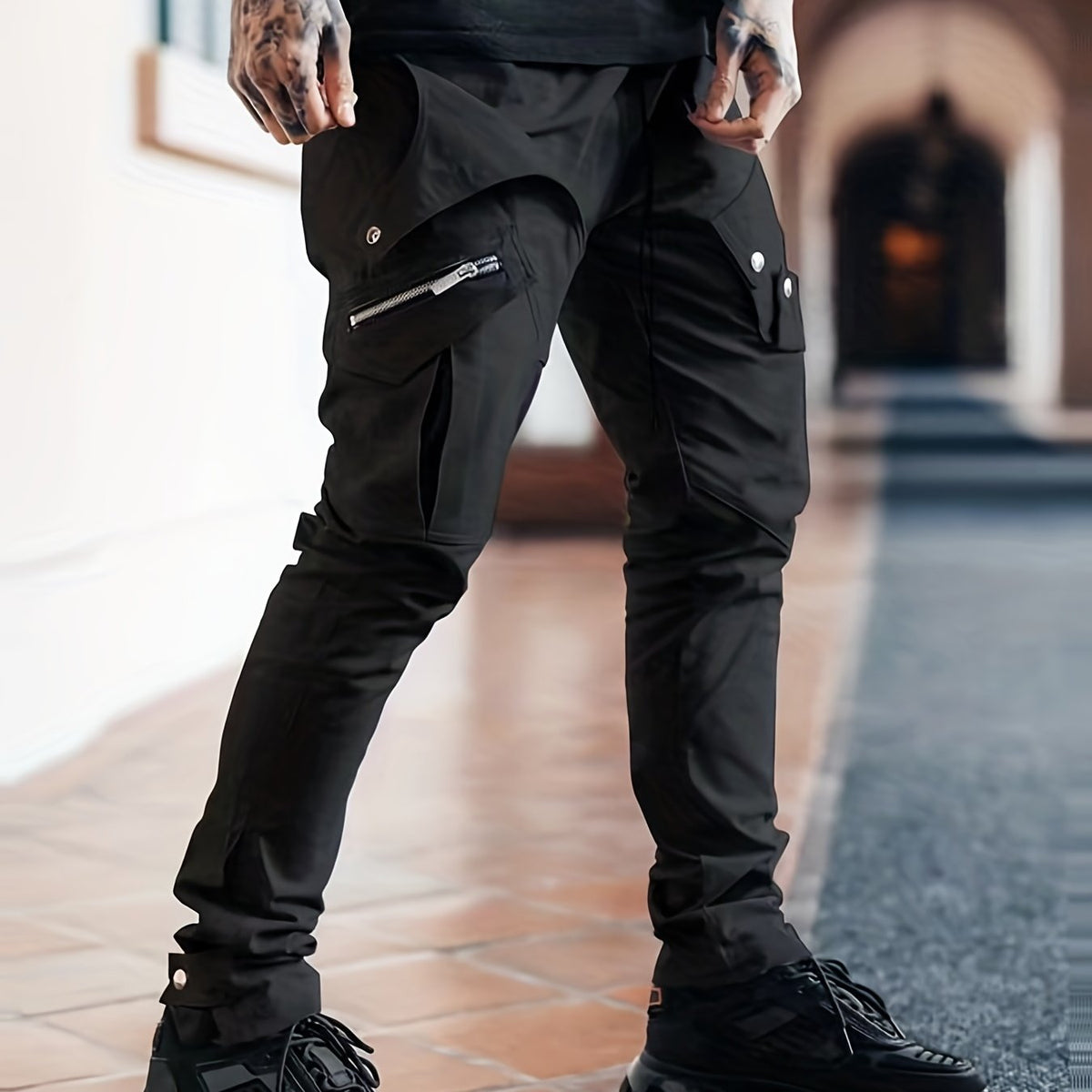 Men's Drawstring Cargo Pants Zip Pocket Slim Fit Outdoor Pants