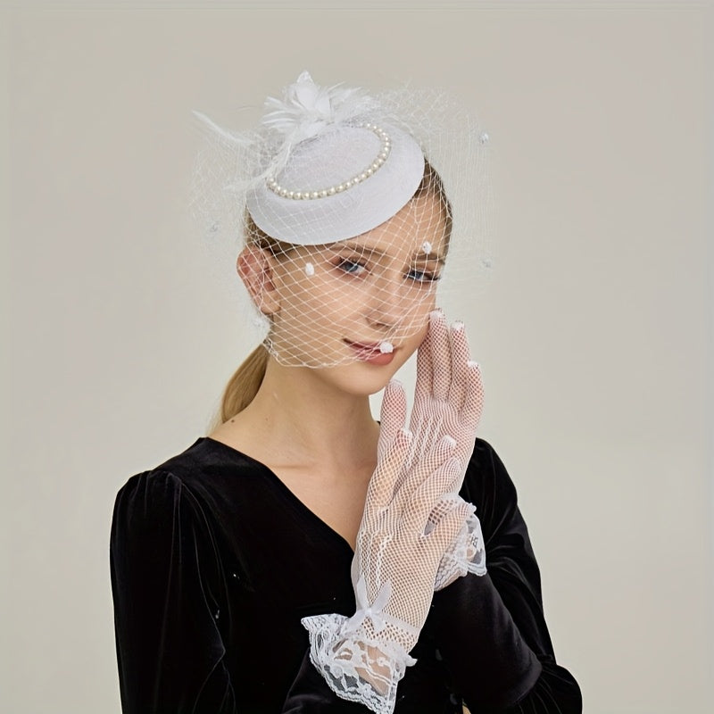 Women's Mesh Beret Top Hat Headband with Feather Accents