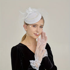 Women's Mesh Beret Top Hat Headband with Feather Accents