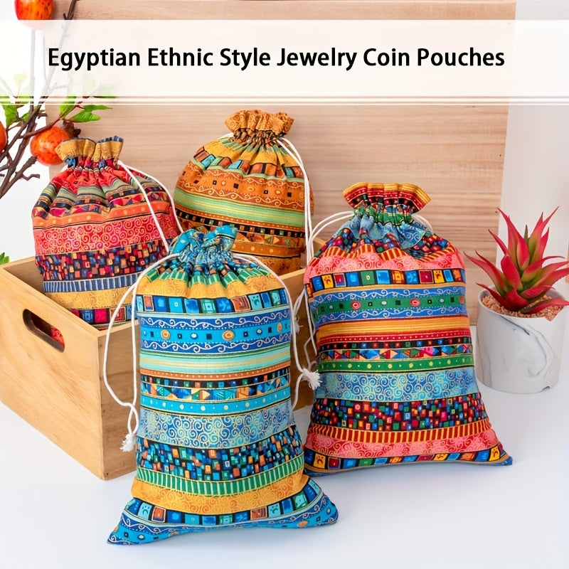 1pc Linen Gift Bags Drawstring Storage Bags Egyptian Pattern Burlap Bag