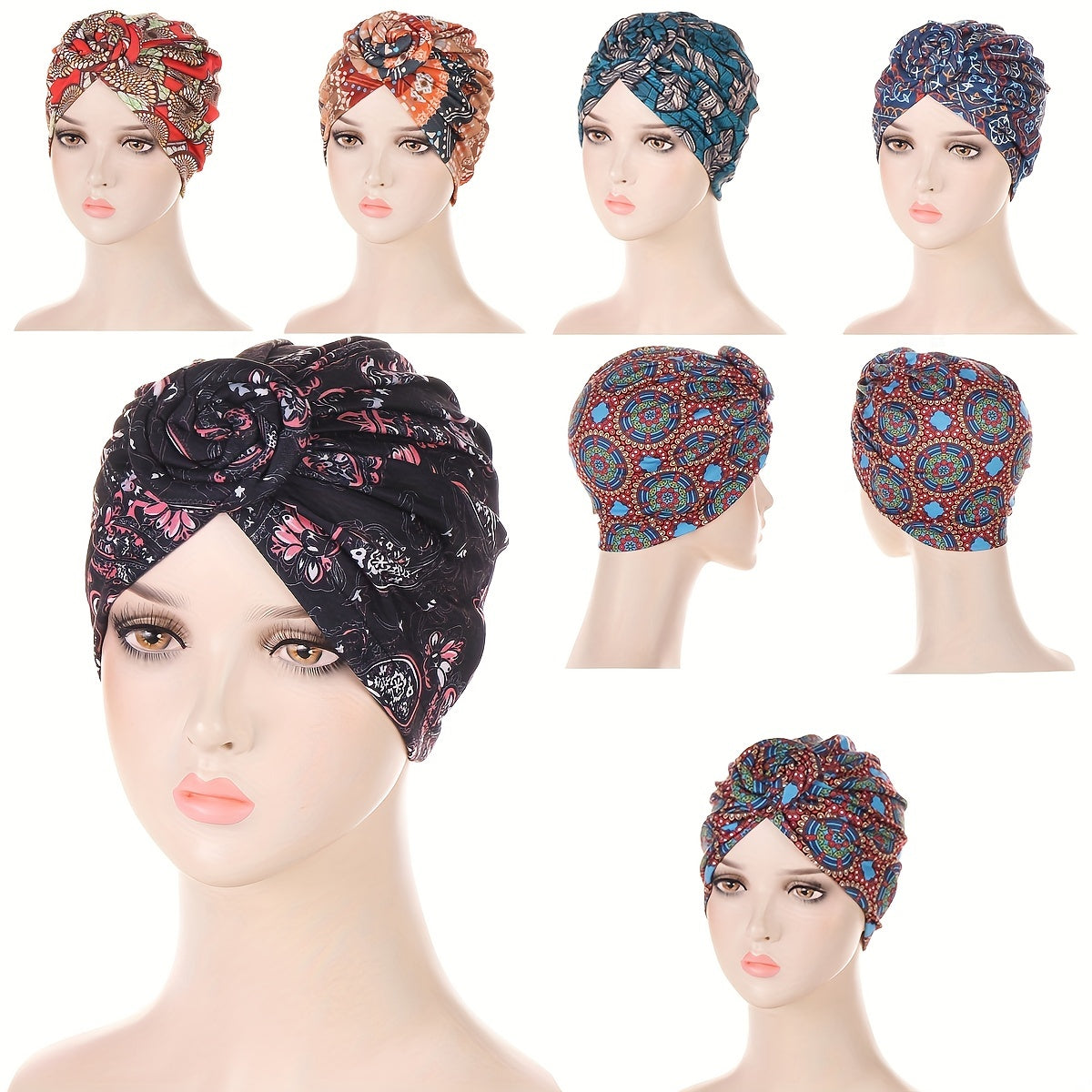 Boho Floral Print Turban Cap Elastic Vintage Head Wraps Lightweight Beanie