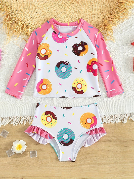 Girls' Donut Graphic Long Sleeve Swimwear Set, 2pcs