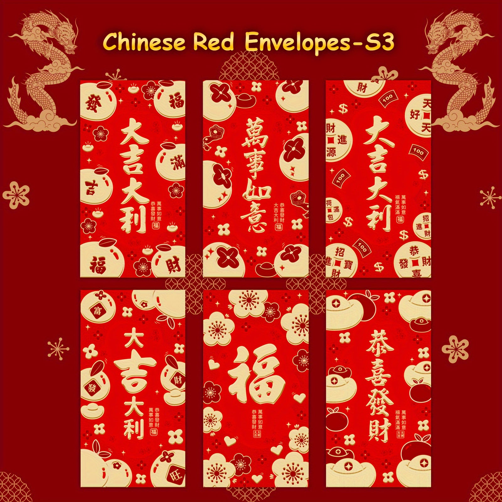 6pcs Red Envelopes 3D Embossing Year Packet For Wedding Birthday